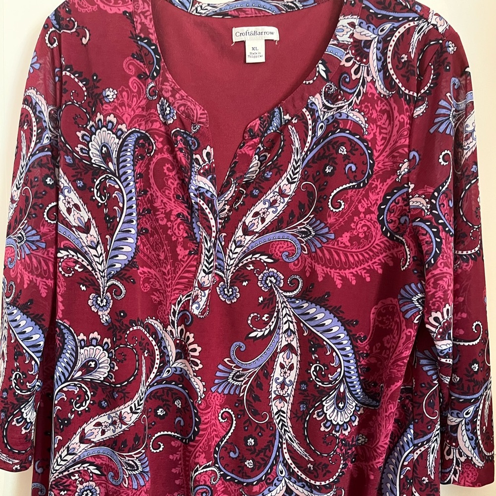 Croft and Barrow casual top. Shades of plum with a paisley print. XL